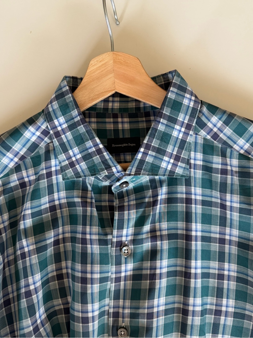 Ermenegildo Zegna Teal and Navy Plaid Men's Button-Down Shirt